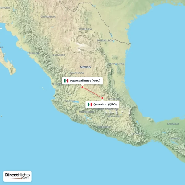 Queretaro - Aguascalientes direct flight map