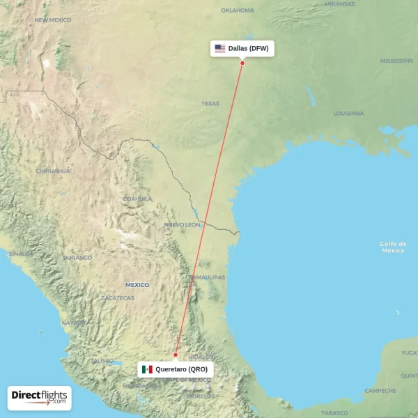 Queretaro - Dallas direct flight map