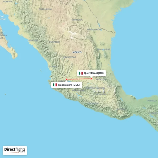 Queretaro - Guadalajara direct flight map