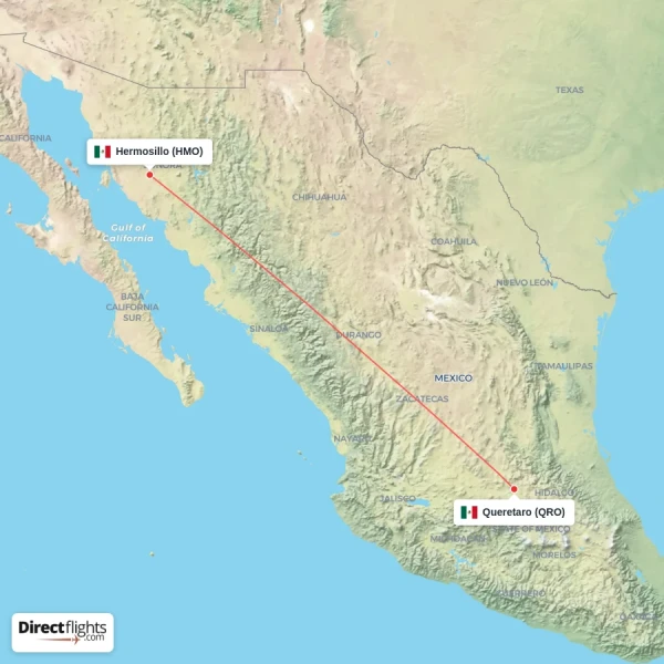 Queretaro - Hermosillo direct flight map