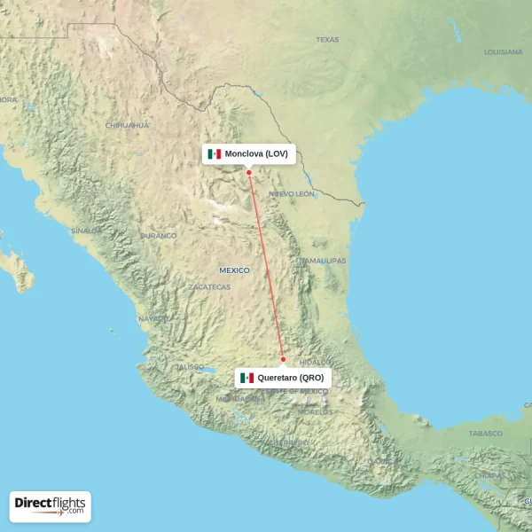 Queretaro - Monclova direct flight map
