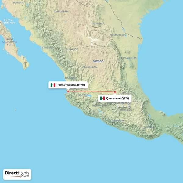 Queretaro - Puerto Vallarta direct flight map