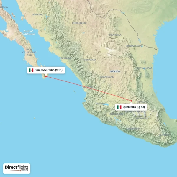 Queretaro - San Jose Cabo direct flight map