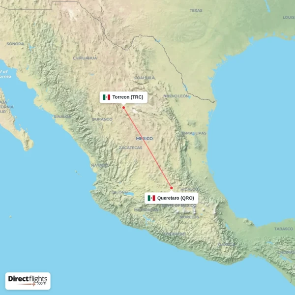 Queretaro - Torreon direct flight map