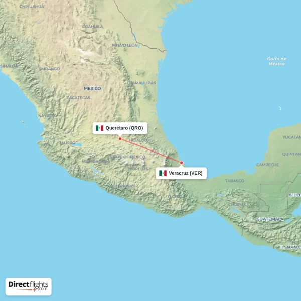 Queretaro - Veracruz direct flight map