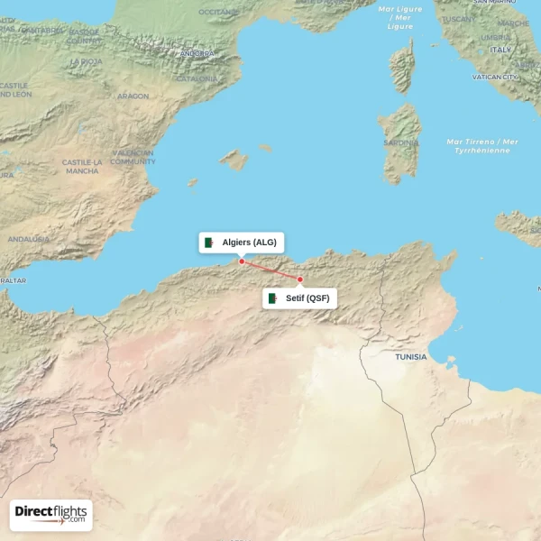 Setif - Algiers direct flight map