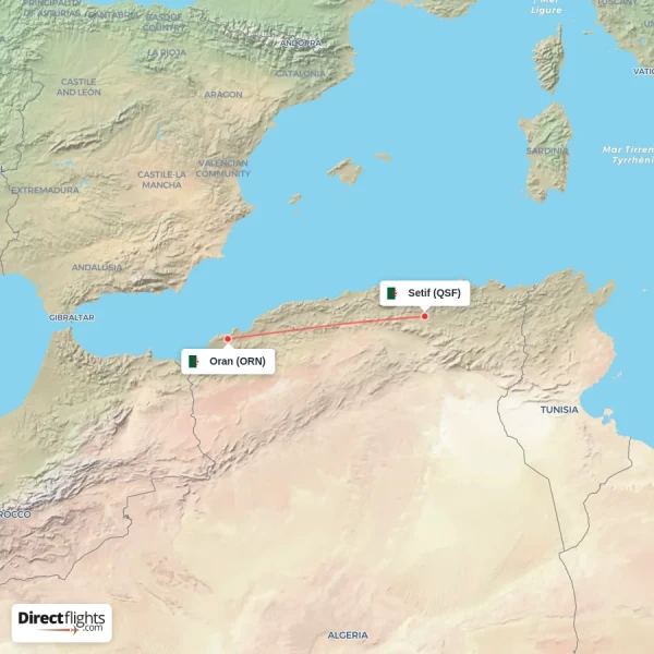 Setif - Oran direct flight map
