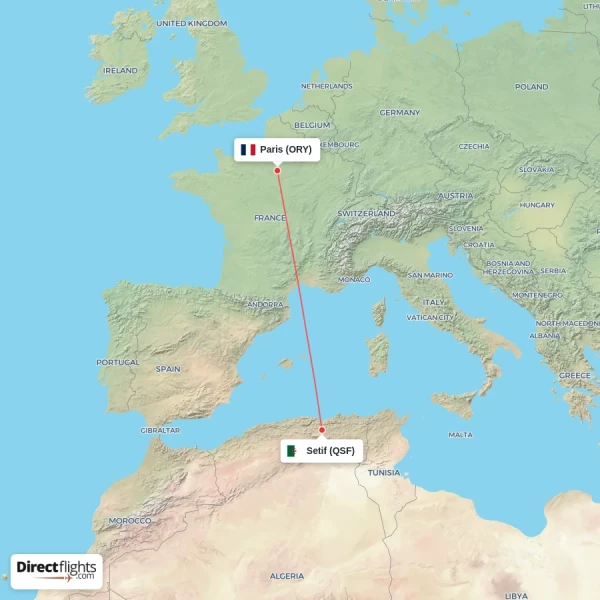 Setif - Paris direct flight map