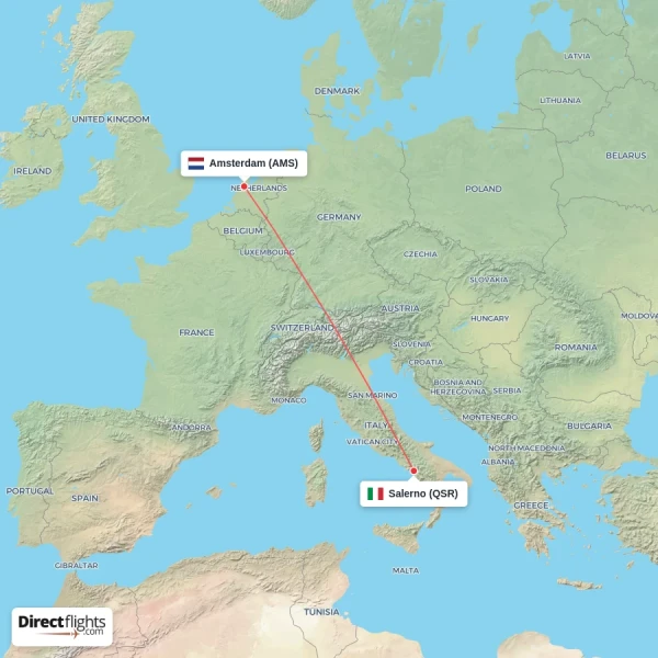 Salerno - Amsterdam direct flight map