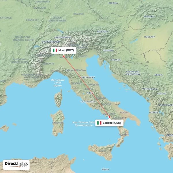 Salerno - Milan direct flight map
