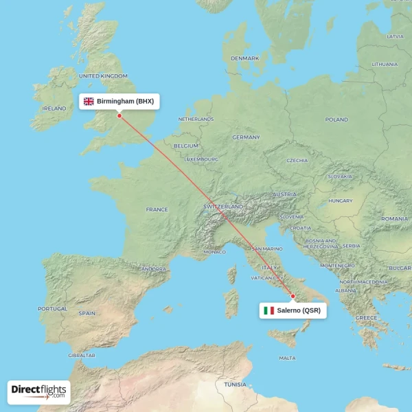 Salerno - Birmingham direct flight map