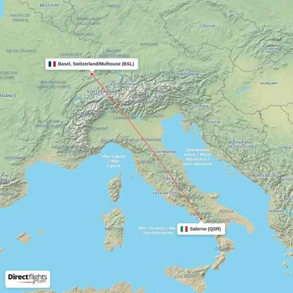 Salerno - Basel, Switzerland/Mulhouse direct flight map