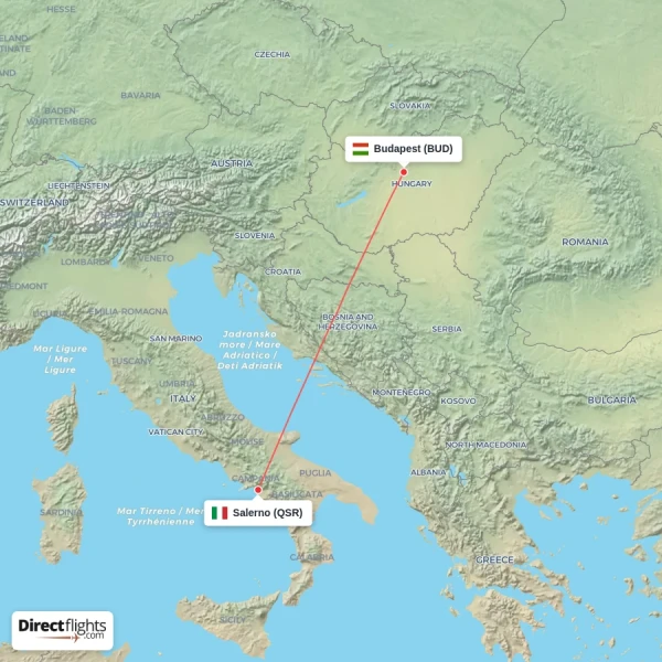 Salerno - Budapest direct flight map