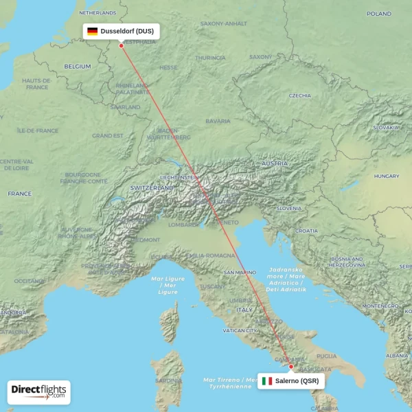 Salerno - Dusseldorf direct flight map