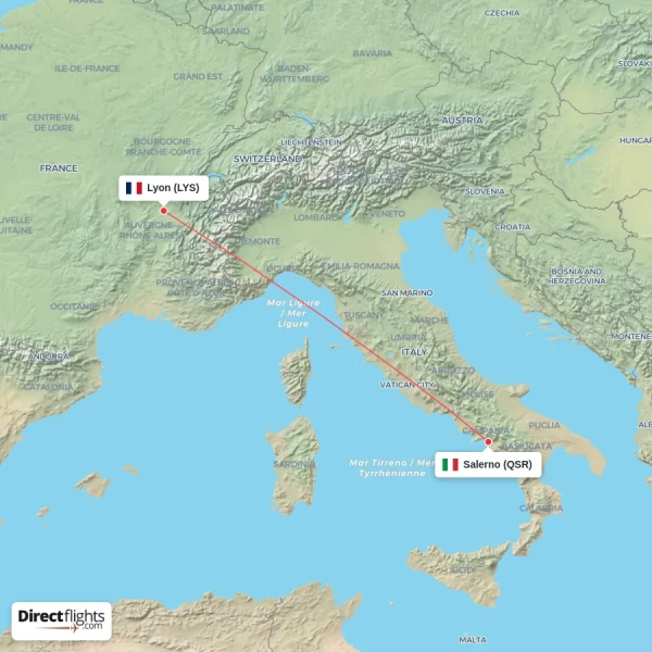 Salerno - Lyon direct flight map