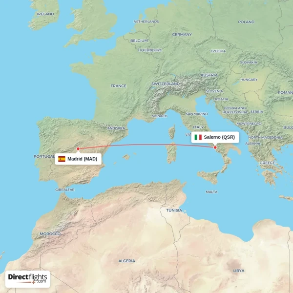 Salerno - Madrid direct flight map