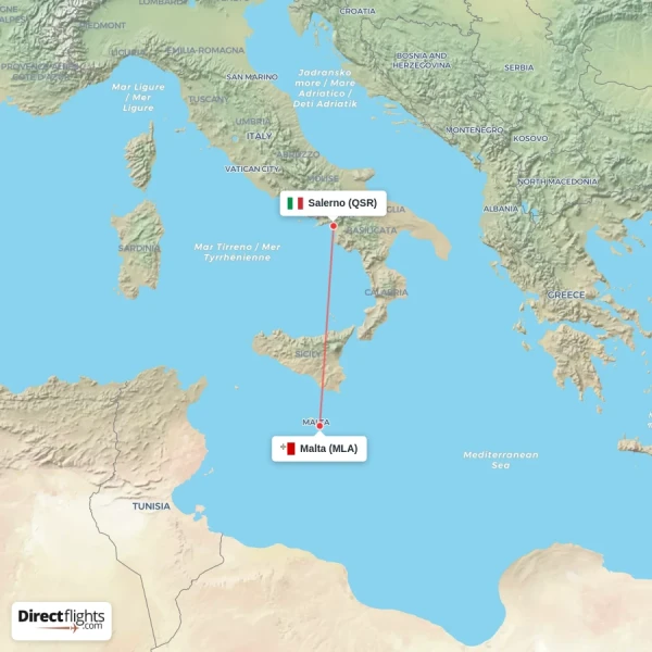 Salerno - Malta direct flight map