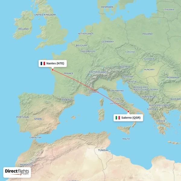Salerno - Nantes direct flight map