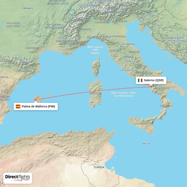 Salerno - Palma de Mallorca direct flight map