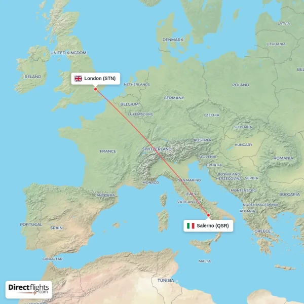 Salerno - London direct flight map