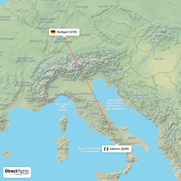Salerno - Stuttgart direct flight map