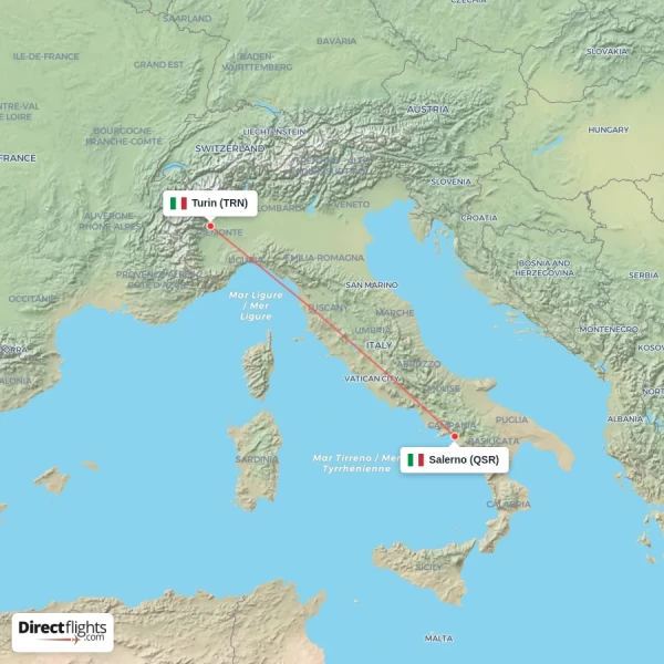 Salerno - Turin direct flight map
