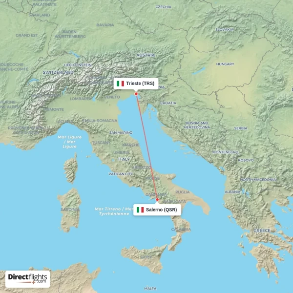 Salerno - Trieste direct flight map