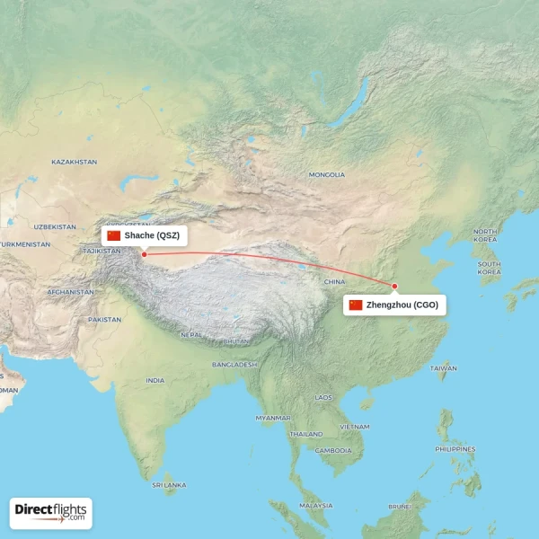 Shache - Zhengzhou direct flight map