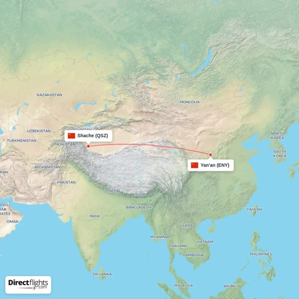 Shache - Yan'an direct flight map