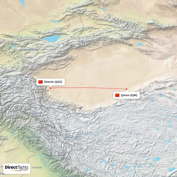 Shache - Qiemo direct flight map