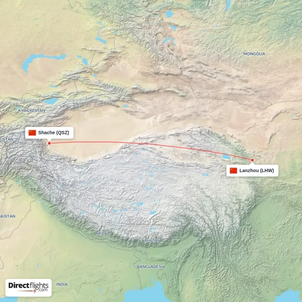 Shache - Lanzhou direct flight map