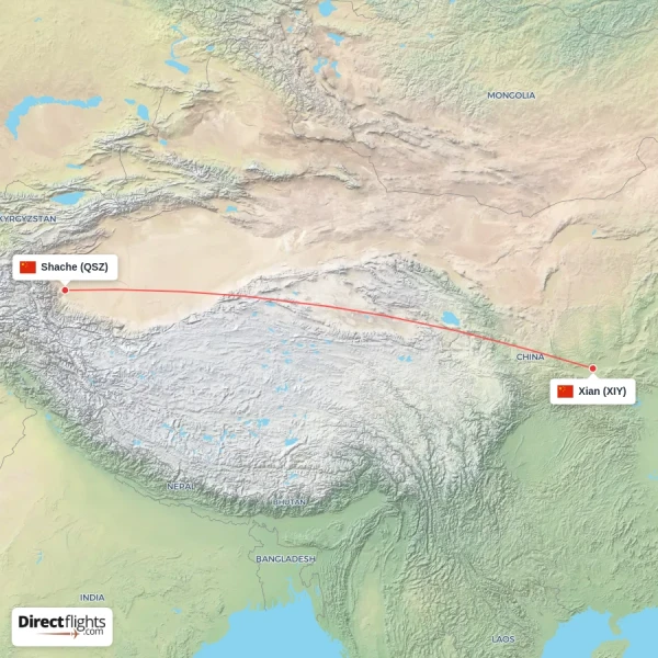 Shache - Xian direct flight map