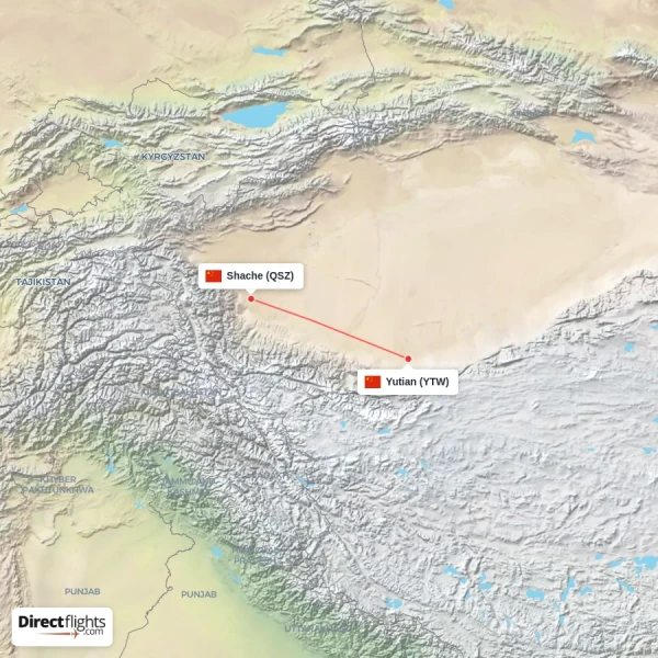 Shache - Yutian direct flight map