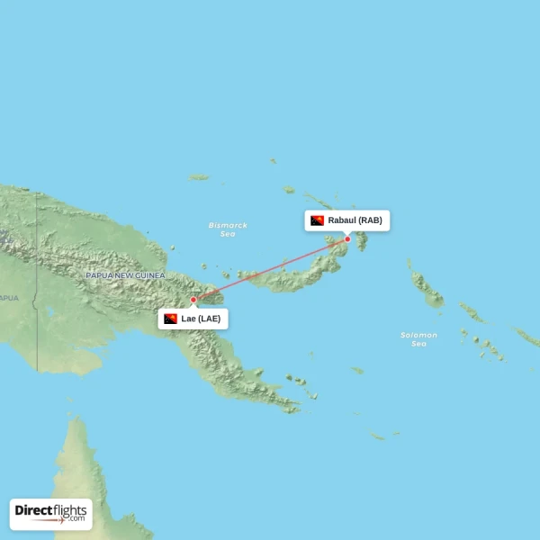 Rabaul - Lae direct flight map