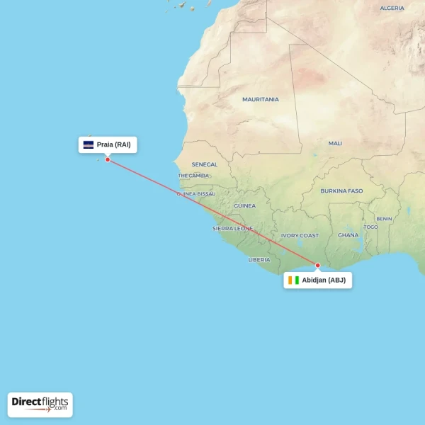 Praia - Abidjan direct flight map