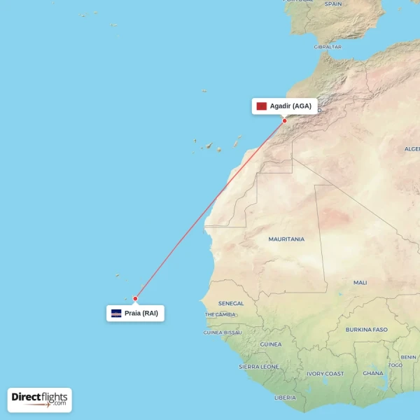 Praia - Agadir direct flight map
