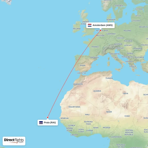 Praia - Amsterdam direct flight map