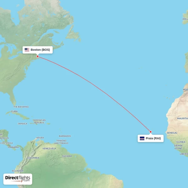 Praia - Boston direct flight map