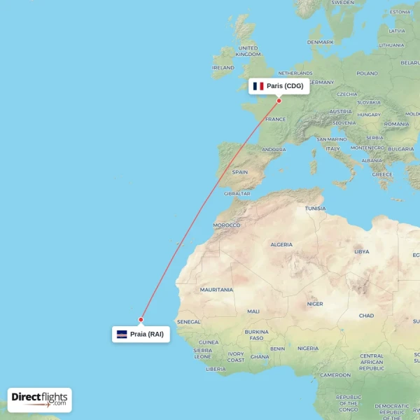 Praia - Paris direct flight map