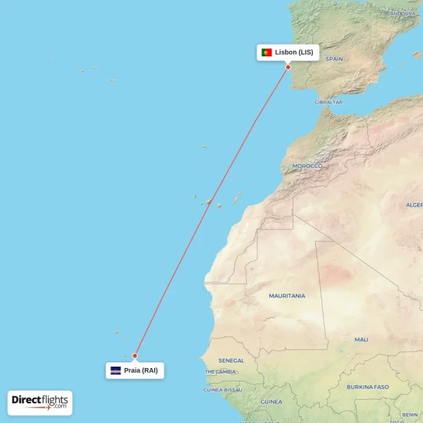 Praia - Lisbon direct flight map