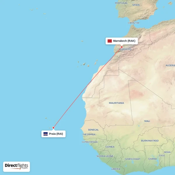 Praia - Marrakech direct flight map