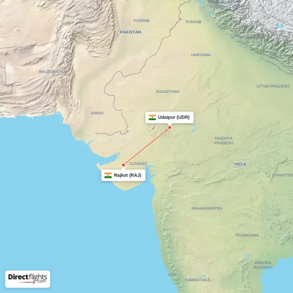 Rajkot - Udaipur direct flight map