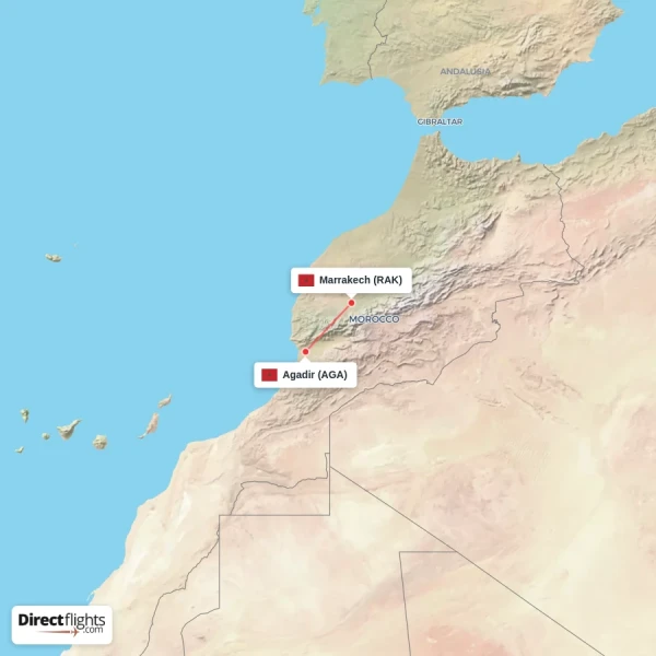 Marrakech - Agadir direct flight map