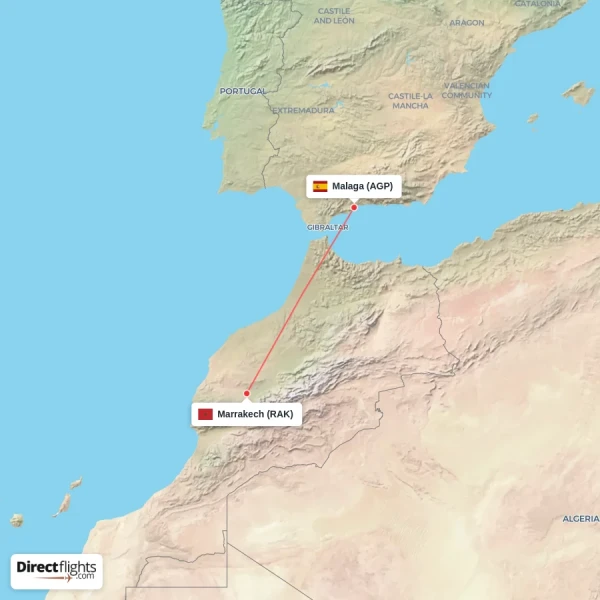 Marrakech - Malaga direct flight map