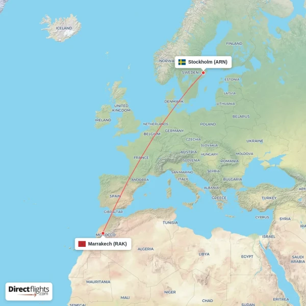 Marrakech - Stockholm direct flight map