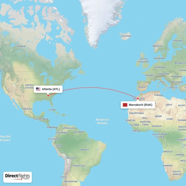 Marrakech - Atlanta direct flight map