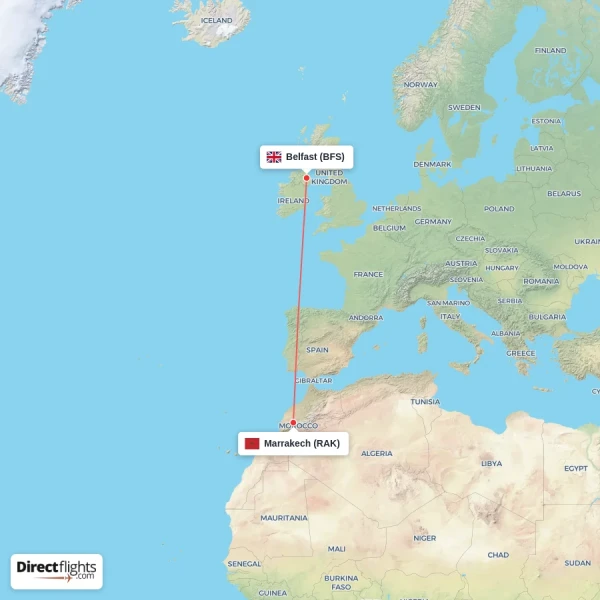 Marrakech - Belfast direct flight map