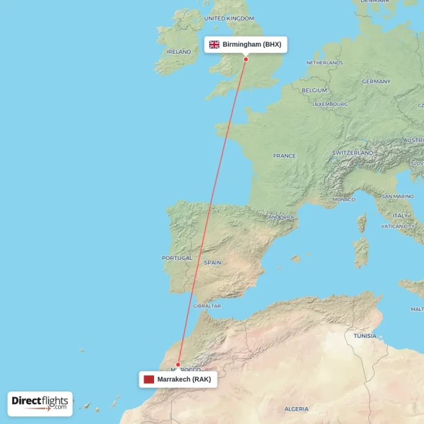 Marrakech - Birmingham direct flight map