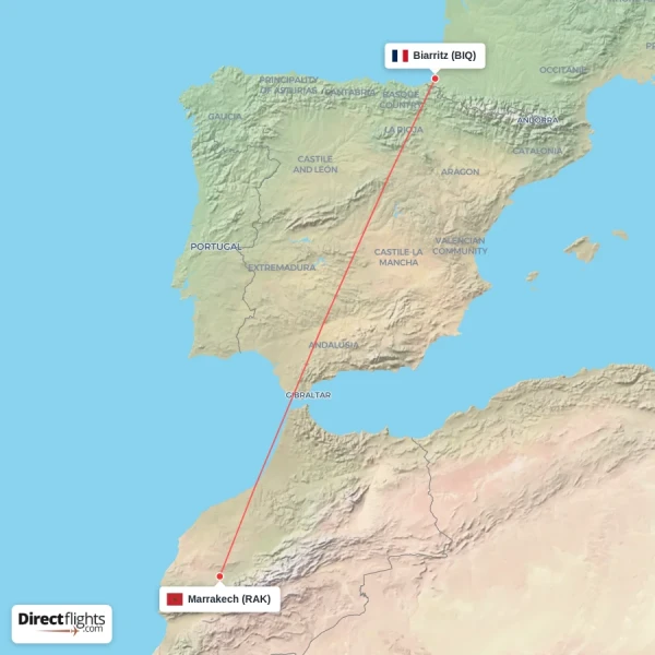 Marrakech - Biarritz direct flight map