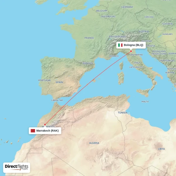 Marrakech - Bologna direct flight map